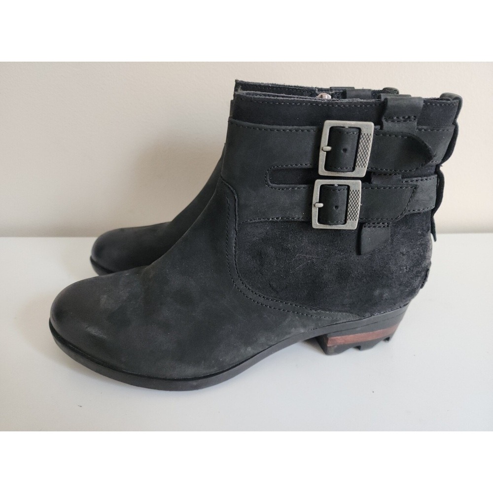 SOREL LOLLA WOMEN'S 8.5 BLACK ANKLE BOOTS SHOES LEATHER BUCKLE NL3080-010
